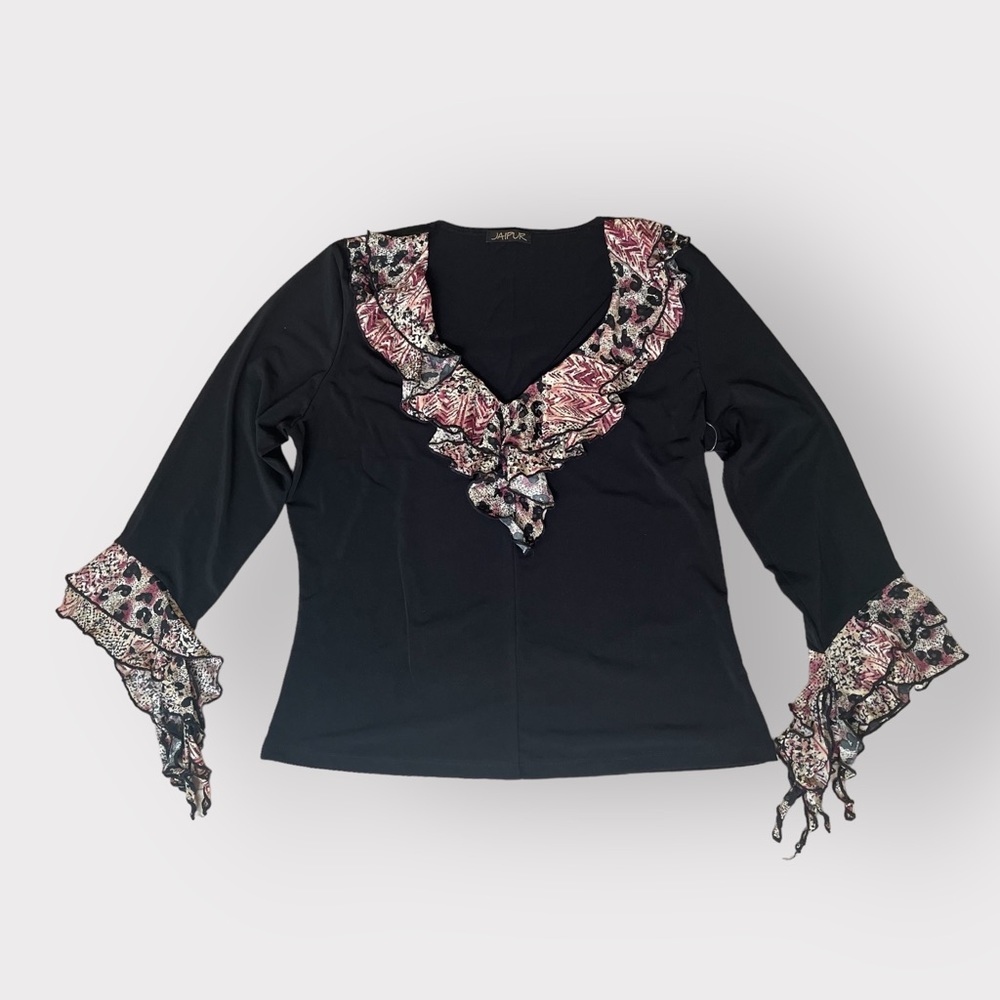 Jaipur Y2K Cheetah Shimmer Ruffle Neck and Sleeve Blouse
